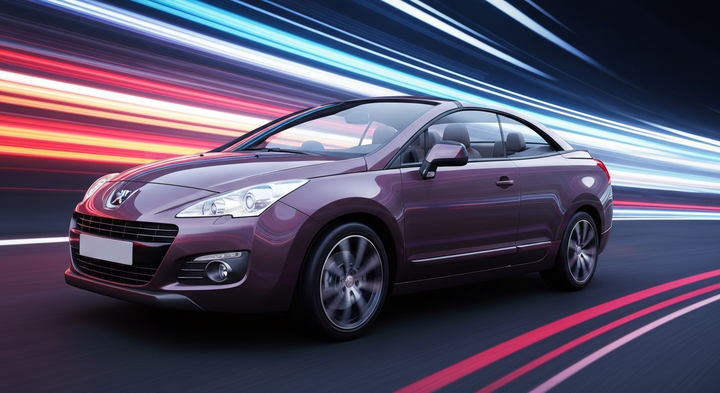 A sweeping, abstract image of a Peugeot 3008 Convertible in motion, with vibrant streaks of color and a sense of speed and modern engineering.