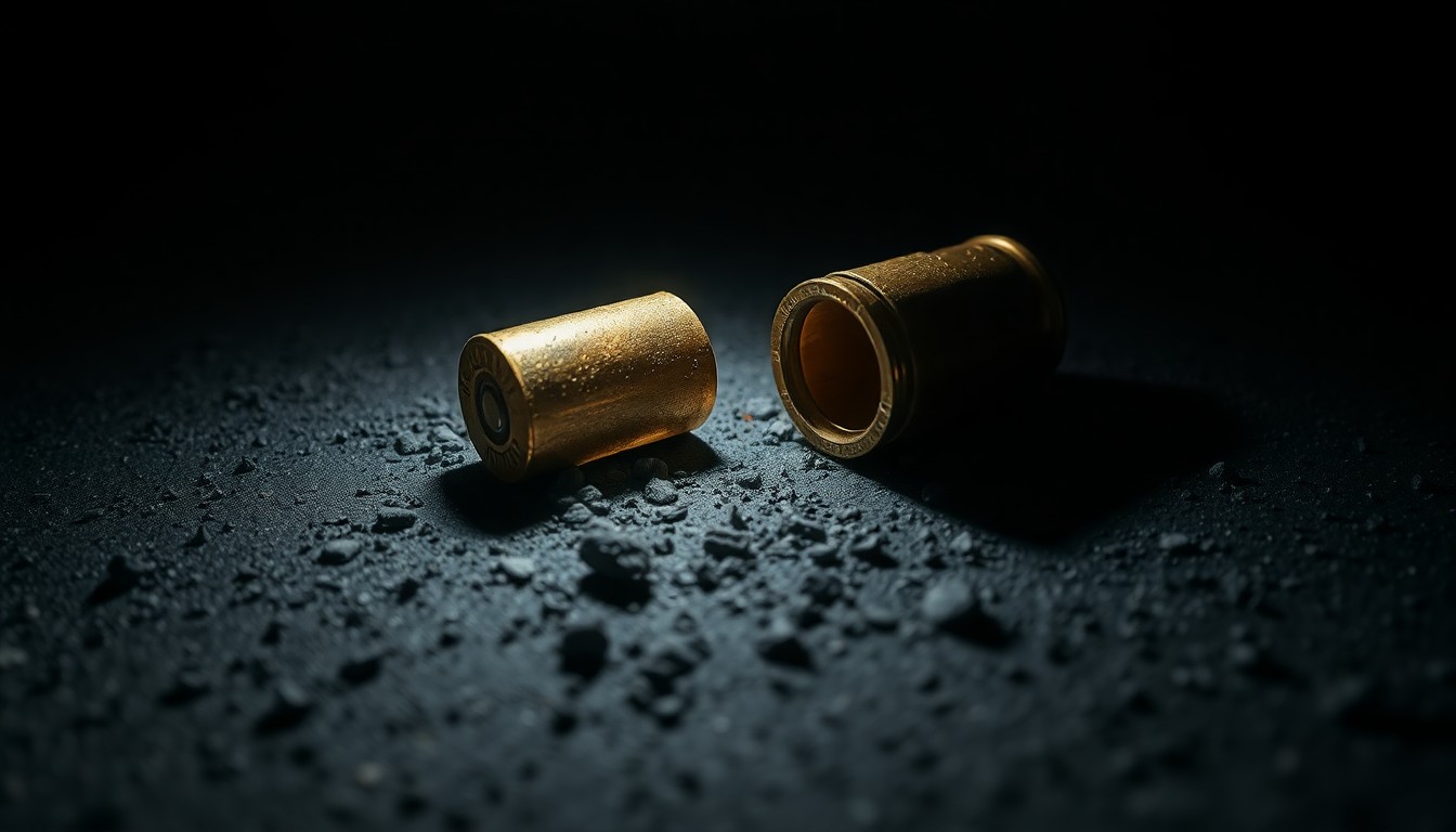 An extreme close-up of a spent bullet casing on a dark, textured surface, lit by a harsh, direct flash, conceptually illustrating the aftermath of a shooting incident.