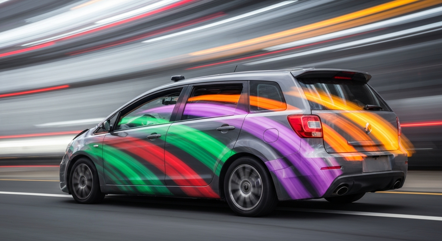 An abstract, blurred image of a damaged Waymo autonomous vehicle, conveying a sense of speed, chaos, and the impact of vandalism on self-driving technology.