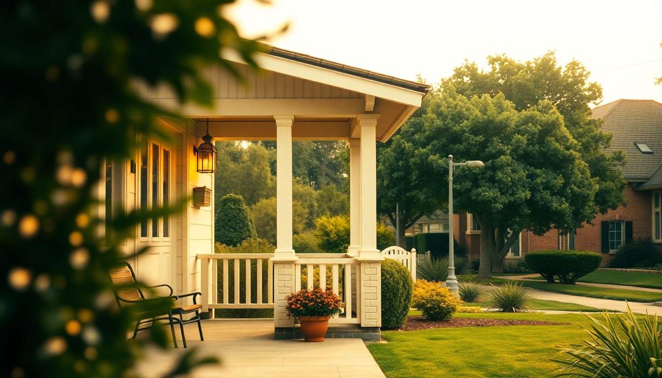 An abstracted, out-of-focus photograph in soft, warm tones depicting the front porch of a classic California bungalow home, with a glimpse of the neighborhood's tree-lined streets in the background, conceptually representing the historic charm and community focus of the Bungalow Heaven Home Tour.