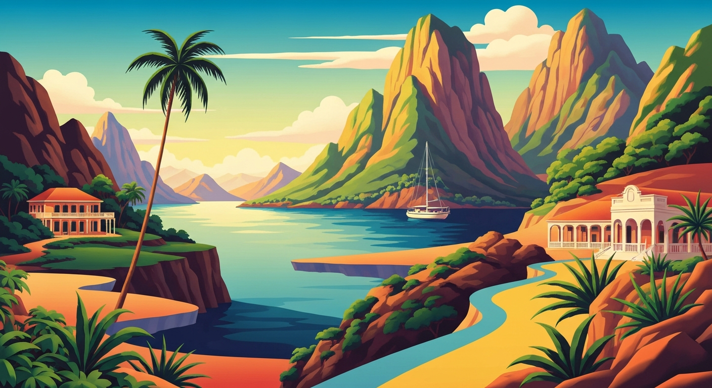 A highly stylized, geometric illustration depicting a sweeping Jamaican landscape with towering mountains and lush foliage, rendered in bold, airbrushed gradients of vibrant colors that evoke the energy and grandeur of travel.