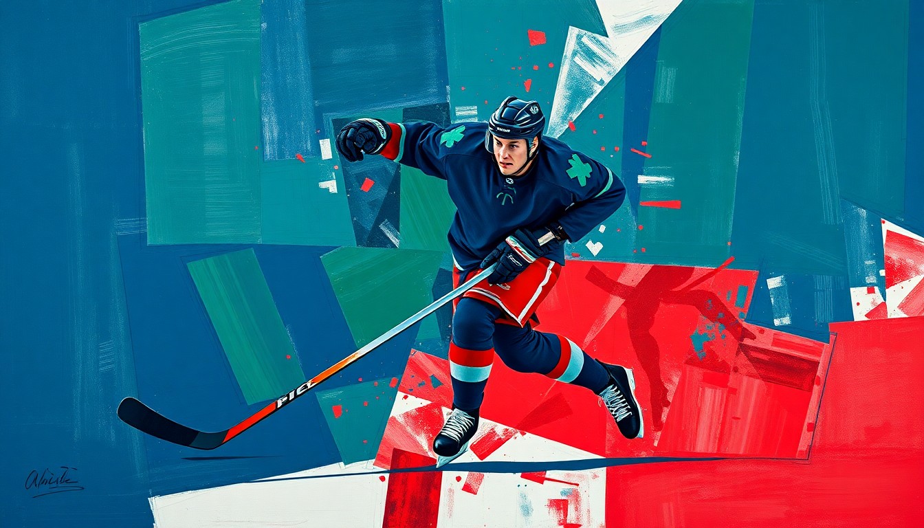 A cubist, geometric painting depicting a hockey player in mid-stride, with their body broken down into sharp, overlapping planes of navy, green, and red, conveying the dynamic energy and uncertainty of a young prospect joining a playoff-bound team.