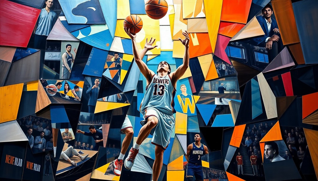 A cubist, geometric painting depicting a basketball game in motion, with Nikola Jokić as the central figure surrounded by fragmented, overlapping shapes and planes in a vibrant color palette, conveying the intensity and energy of the playoff matchup.