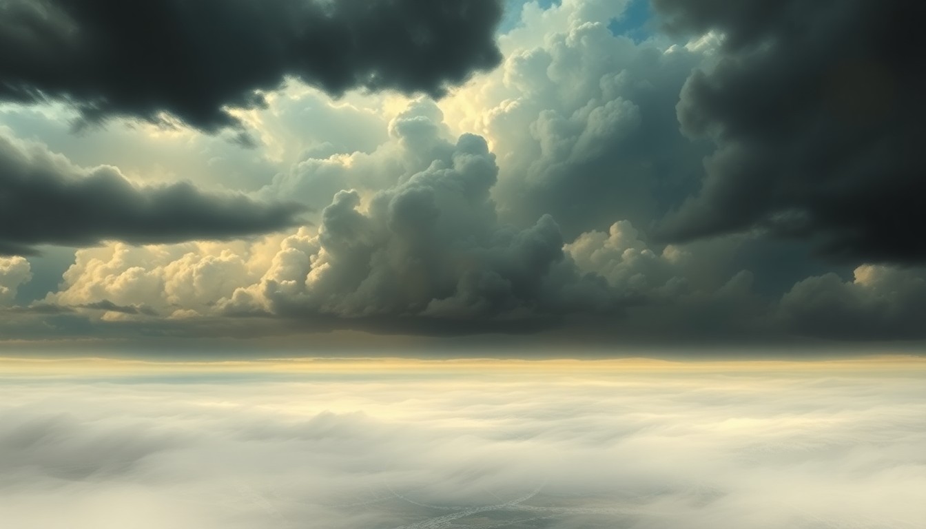A sweeping, atmospheric landscape painting in muted tones of grey, blue, and white, depicting an expansive, cloud-filled sky dominating the frame and dwarfing any physical structures or objects below.