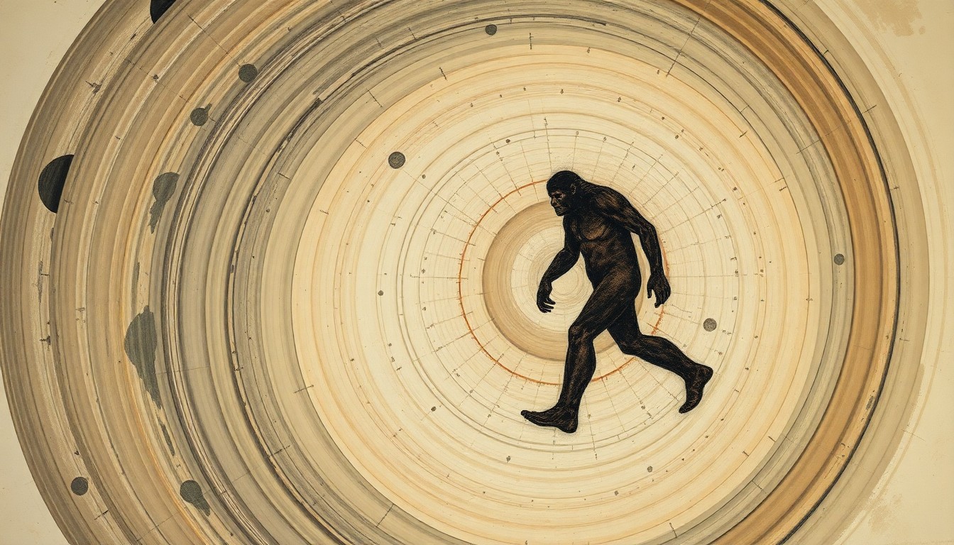 A highly structured abstract painting in muted earthy tones, featuring sweeping geometric arcs, concentric circles, and precise botanical spirals, conveying a sense of scientific inquiry into an elusive natural phenomenon.