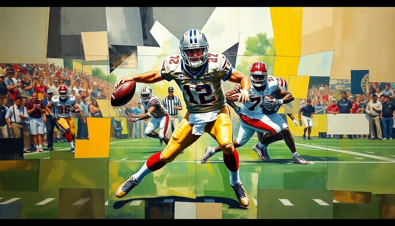 A cubist-style painting depicting a college football quarterback in motion, with the player's body and the ball broken down into sharp, overlapping geometric shapes and planes, conveying the dynamic and uncertain nature of the quarterback competition.
