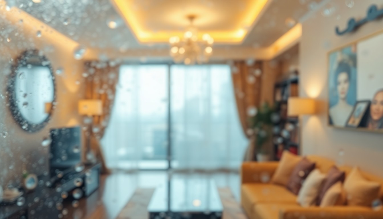 An abstract, out-of-focus image of a luxury apartment interior, with soft, warm lighting and blurred details that evoke a sense of tranquility and sophistication.