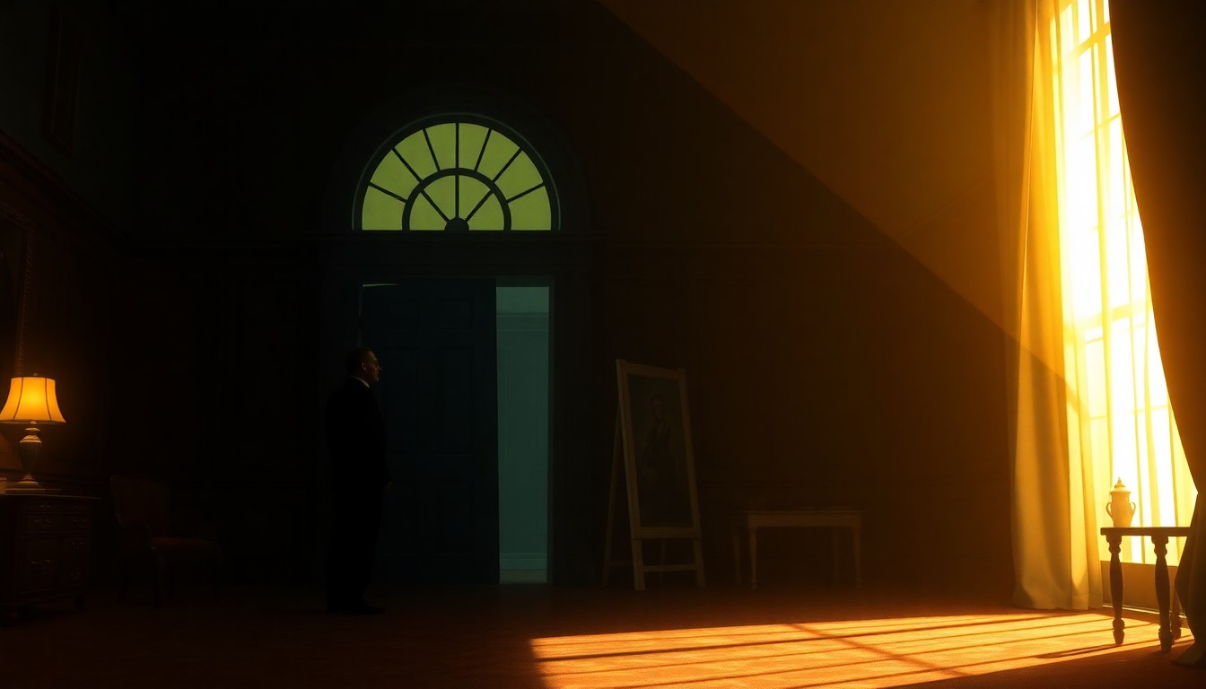 A dimly lit, cinematic painting of a solitary political figure standing in a government office, with warm sunlight and deep shadows creating a contemplative, nostalgic mood.