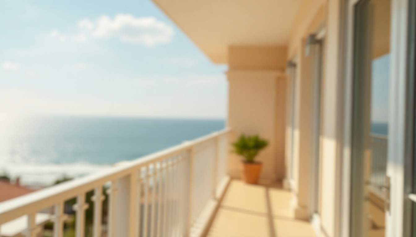 A softly blurred, impressionistic photograph of a sun-drenched balcony overlooking the ocean, with only hints of the architectural details visible through the hazy, warm light, conceptually representing the luxurious and serene lifestyle of this oceanfront condominium.