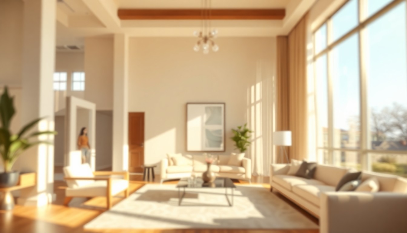 An abstract, out-of-focus photograph in soft, warm tones depicting the interior of a luxurious, sun-drenched living room with high ceilings and minimal modern furnishings, conveying a sense of elegant, loft-like living.