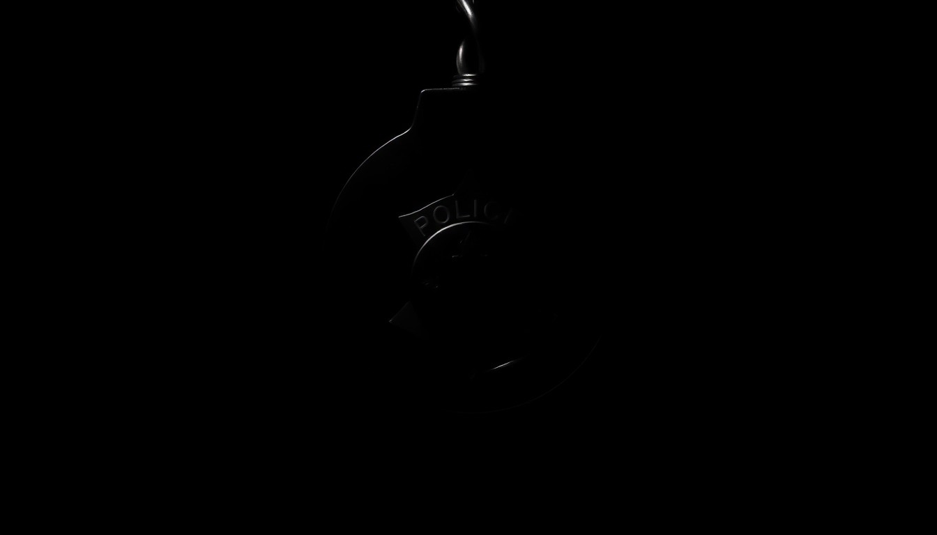 An extreme close-up photograph of a police badge or handcuff, with harsh lighting and a stark, gritty aesthetic, conceptually representing the investigation into a violent confrontation between a police officer and a civilian.