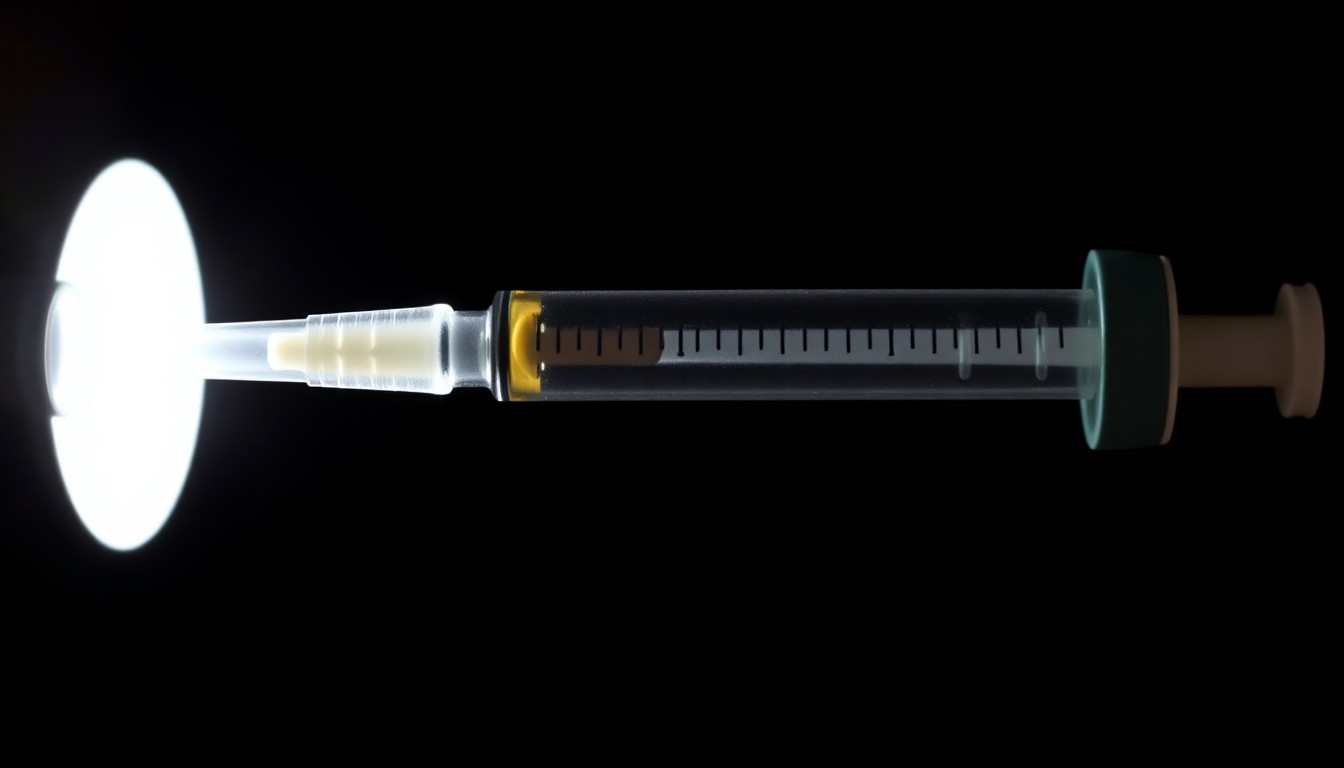 An extreme close-up photograph of a medical syringe or pill bottle, dramatically lit by a harsh camera flash against a dark background, conceptually representing the legal dispute over patient care and records.