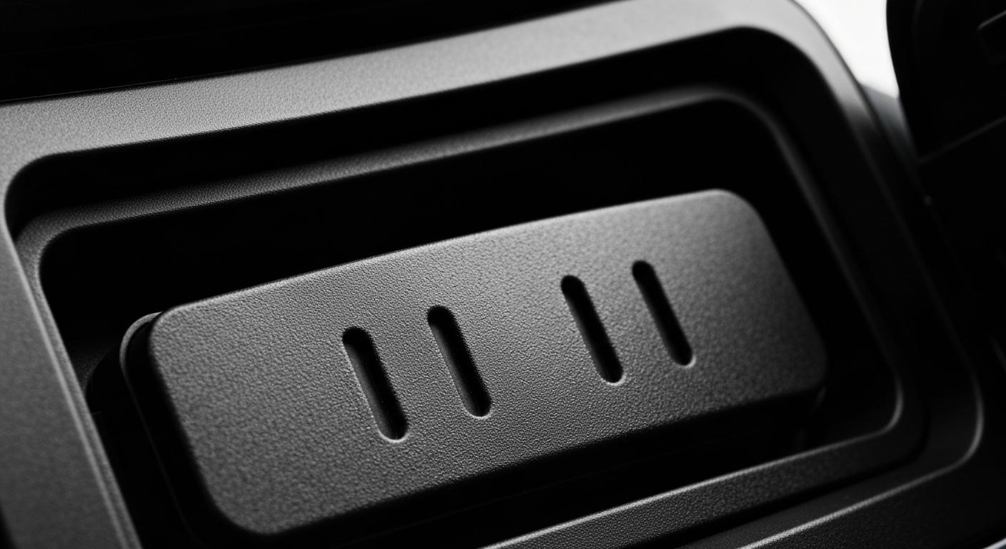 An extreme close-up of the textured surface of an electric vehicle charging port, rendered in dramatic chiaroscuro lighting to capture the intricate details and materials of the innovative charging technology.