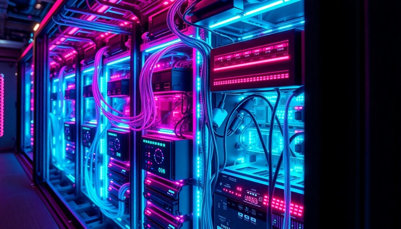 A highly detailed, glowing 3D illustration of a futuristic AI server rack, with neon cyan and magenta lights illuminating the complex network of cables, processors, and cooling systems, conceptually representing the advanced computing power behind autonomous AI agents.