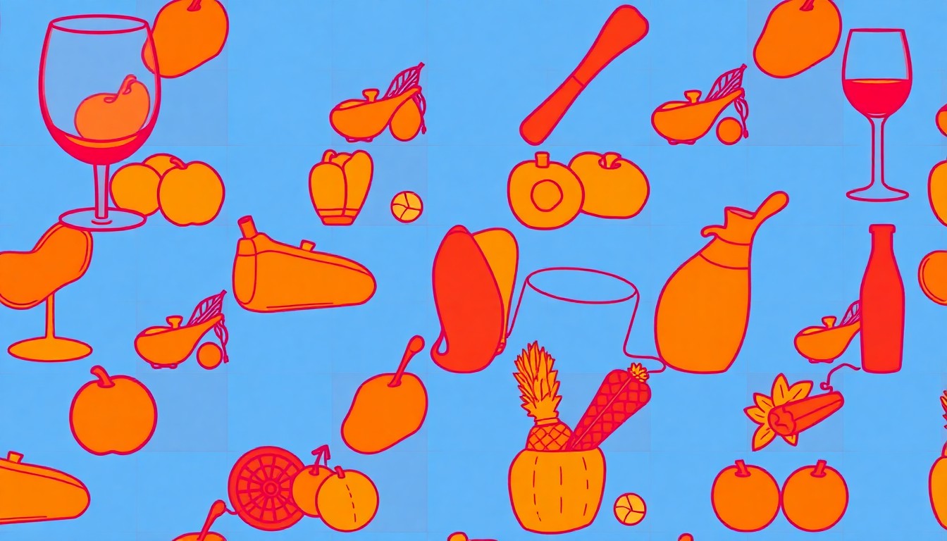 A brightly colored, high-contrast silkscreen print of a single, iconic North Fork lifestyle object such as a wine glass, farm stand produce, or beach accessory, repeated in a tight grid pattern with flat, vibrant, and unnatural neon color palettes overlapping with heavy black photographic outlines.