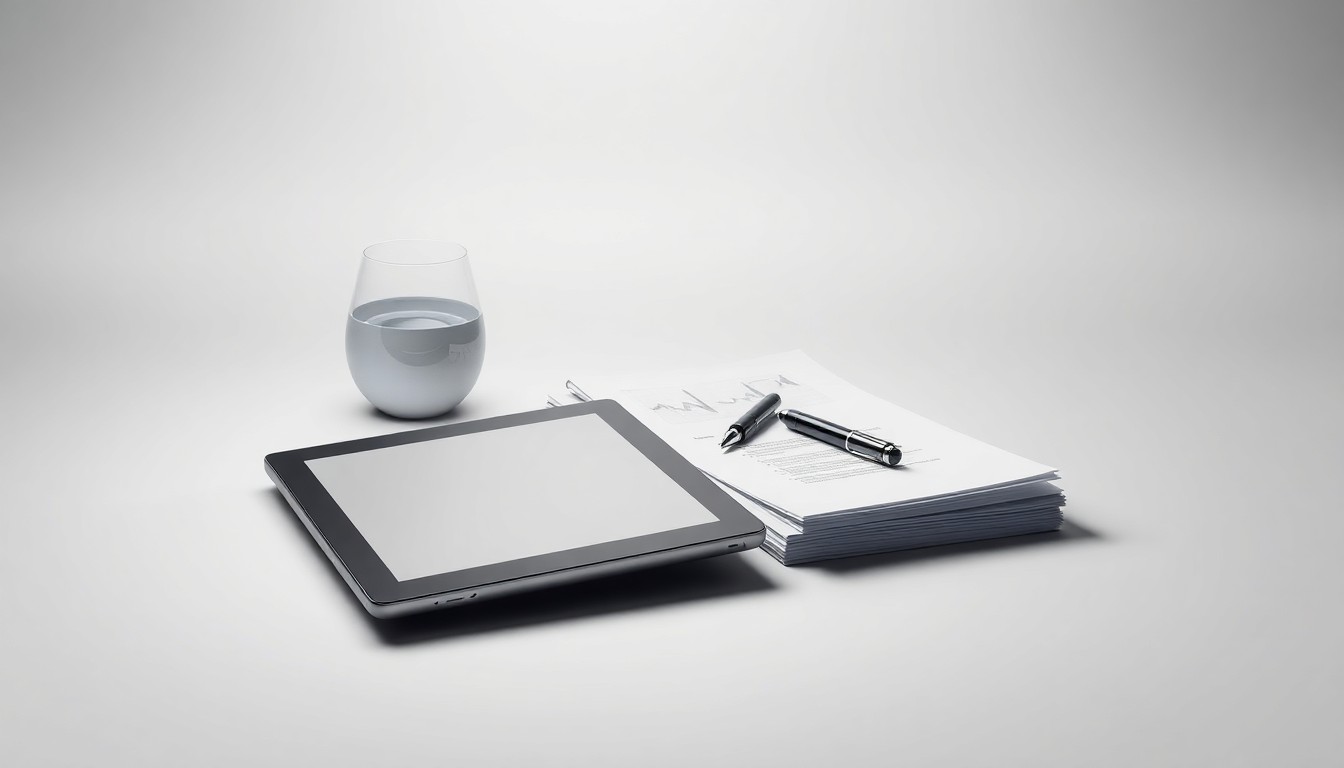 A high-end, photorealistic studio still-life photograph featuring a collection of premium, polished business objects such as a tablet, a pen, and a stack of documents arranged elegantly on a clean, monochromatic seamless background, conveying a sense of professionalism and authority through the use of dramatic studio lighting and deep shadows.