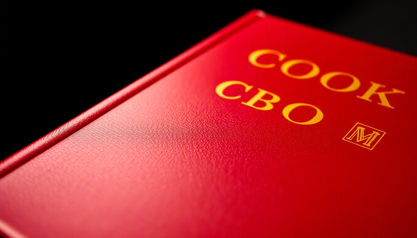 An extreme close-up photograph of a glossy, textured cookbook cover in vibrant red and gold tones, capturing the luxurious, celebratory feel of the book's release.