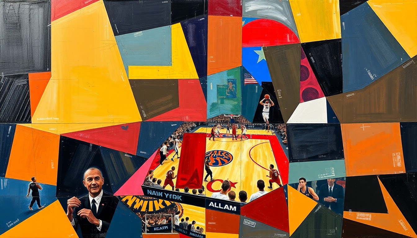 A cubist-style painting featuring overlapping geometric shapes and planes in shades of blue, orange, and green, capturing the dynamic action and tension of a basketball game in an abstract, deconstructed manner.