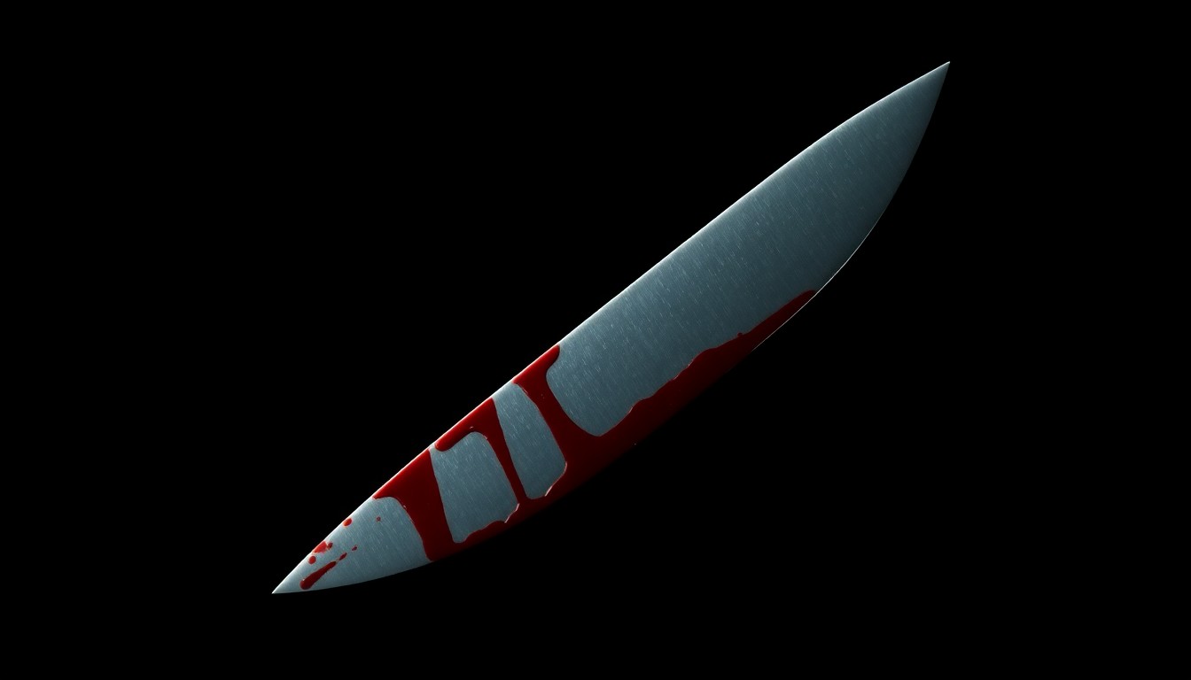 An extreme close-up of a single bloody knife blade reflecting a harsh, direct camera flash, conceptually illustrating the violence of a recent stabbing.