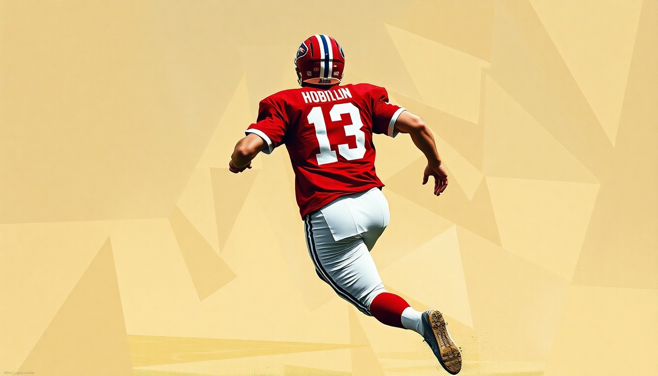 A cubist-style painting depicting a football player in motion, broken down into sharp, overlapping geometric shapes in muted earth tones, capturing the dynamic energy of the sport.