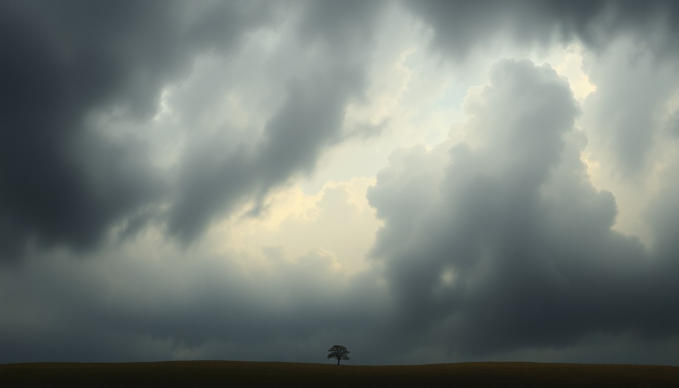 A sweeping, atmospheric landscape painting in muted tones of gray, blue, and green, with a lone tree or structure partially obscured by heavy rain clouds and blustery winds, conveying the overwhelming power of the natural world.