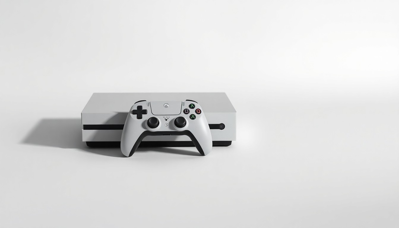 A photorealistic studio still life featuring a sleek, modern gaming console and controller arranged elegantly on a clean, monochromatic background, conveying the abstract corporate strategy and financial performance of the video game industry.