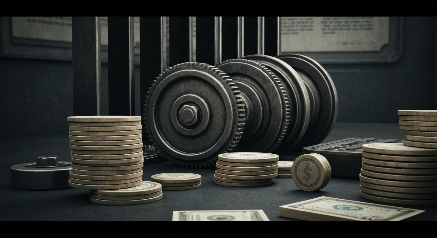 An extreme close-up of complex financial machinery and equipment, conveying a sense of institutional power and economic security without depicting any literal currency or financial symbols.