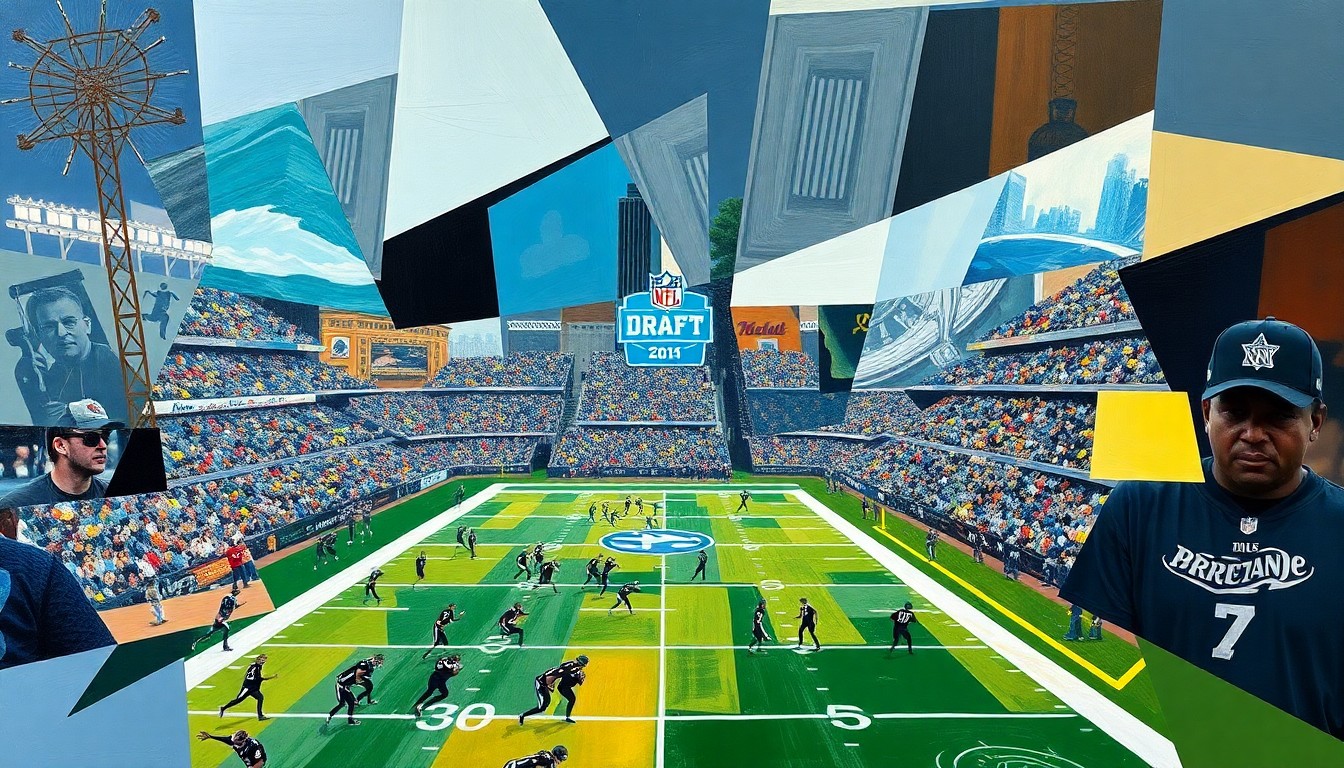 A cubist, geometric painting depicting fragmented, overlapping shapes and planes representing a football game or NFL Draft scene, conveying the unpredictable nature of the Buccaneers' upcoming draft selection.