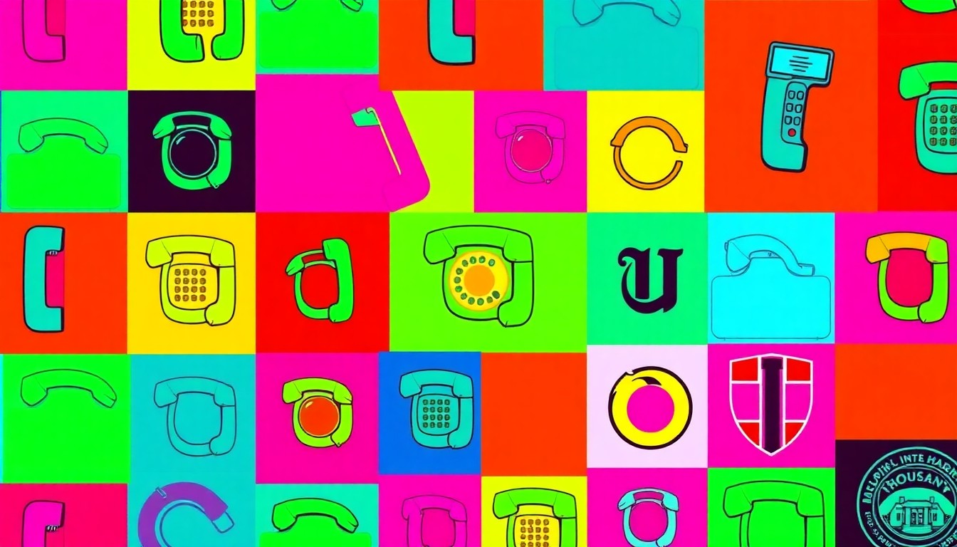 A bold, graphic illustration featuring repeating icons of a telephone and a university logo in a grid of bright, neon-like colors, conceptually representing the important community functions highlighted in the story.