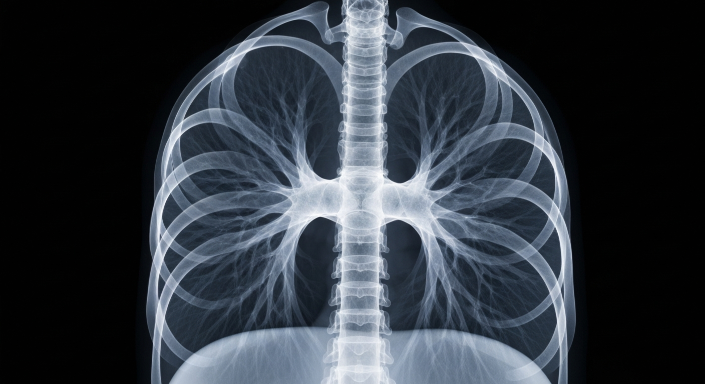 An extreme close-up X-ray image showing the delicate, glowing structure of the human lung, conceptually representing a rare respiratory condition and the development of a new treatment.