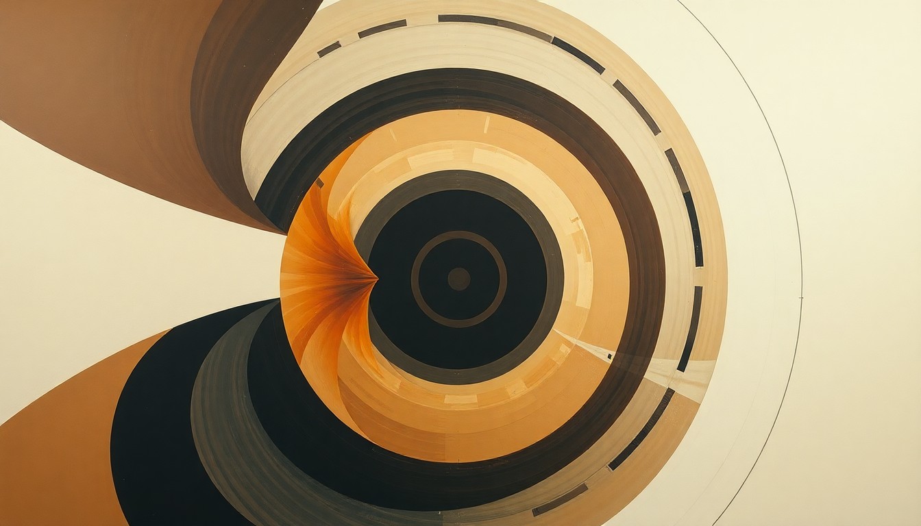 A bold, abstract painting in earthy tones featuring sweeping geometric arcs, concentric circles, and precise spirals, conceptually representing the complex forces and structures of a rocket engine.