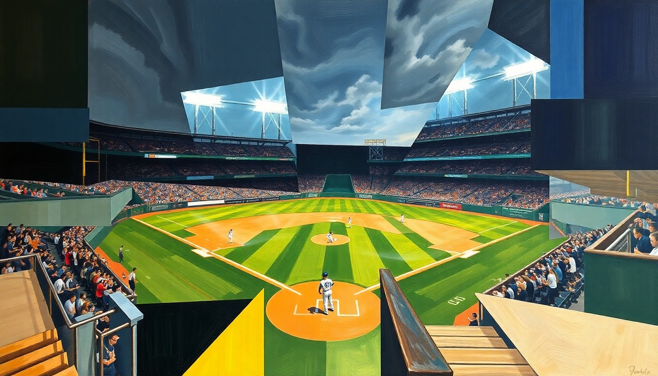 A fragmented, geometric painting depicting a baseball game or match, with players and the field broken down into sharp, overlapping planes of color and form, conveying the chaotic nature of the Dodgers' recent personnel issues.