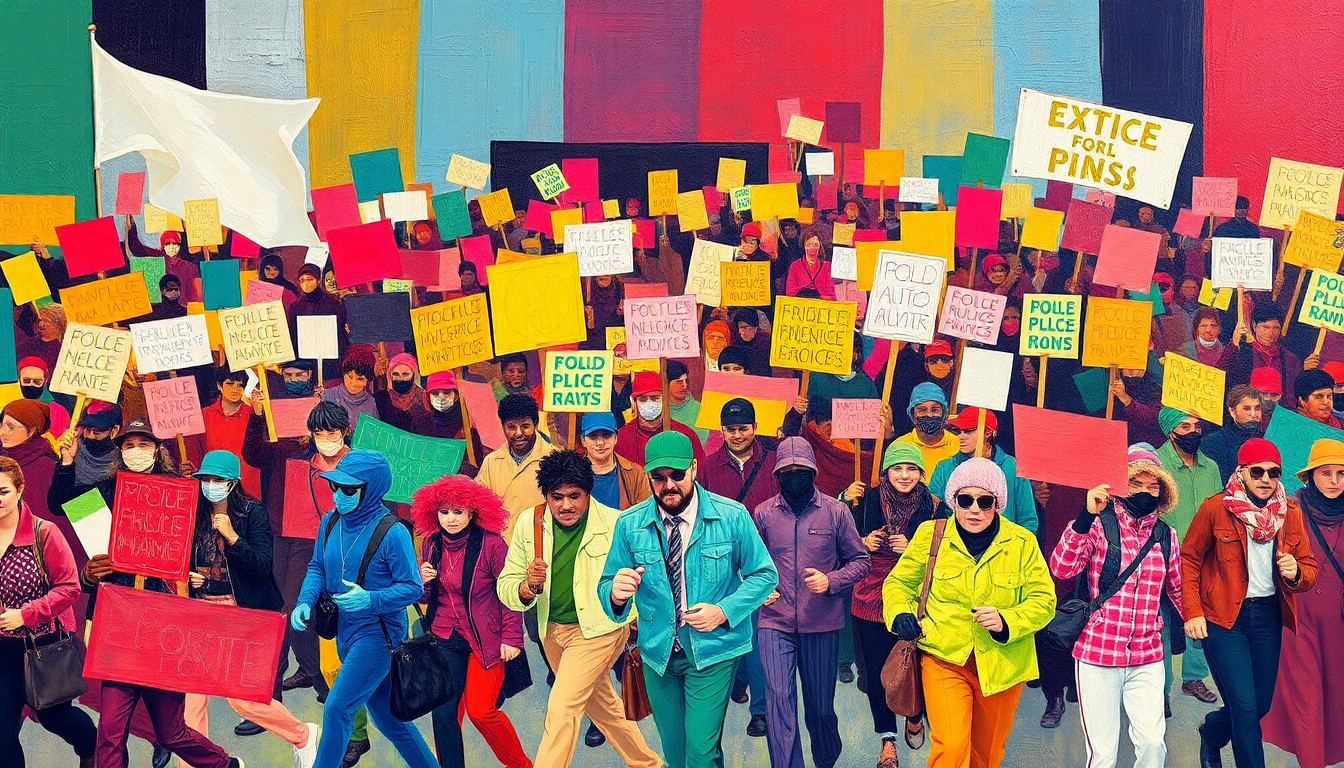 A dynamic, abstract painting featuring a crowd of protesters marching with signs, the figures repeated in overlapping, geometric waves of bold colors, conveying the energy and momentum of the pro-democracy movement.