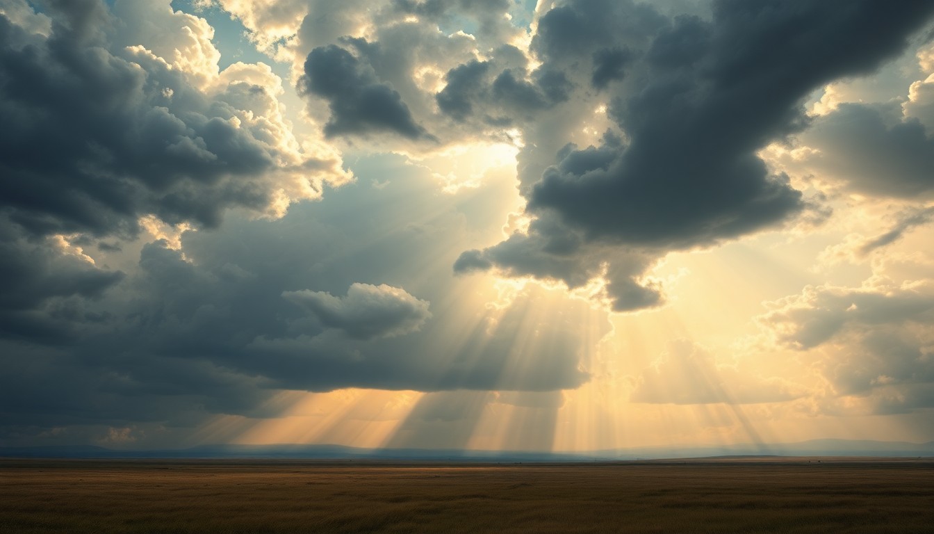 A sweeping, atmospheric landscape painting in muted tones of gray, blue, and gold, capturing the dramatic, windswept beauty of a changing weather system over an open field.