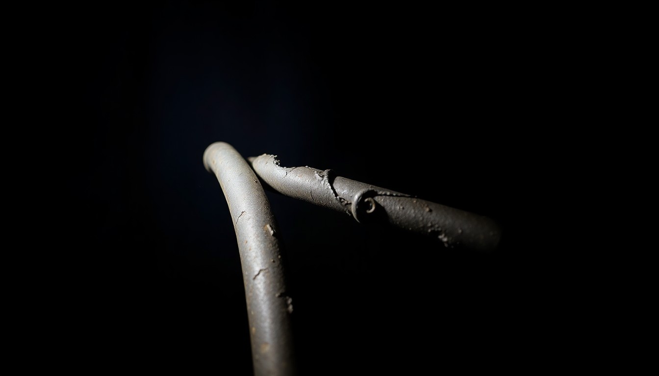 An extreme close-up photograph of a twisted, damaged metal roll bar from an off-highway vehicle, lit by a harsh, direct camera flash against a pitch-black background, conceptually illustrating the aftermath of a serious rollover crash.