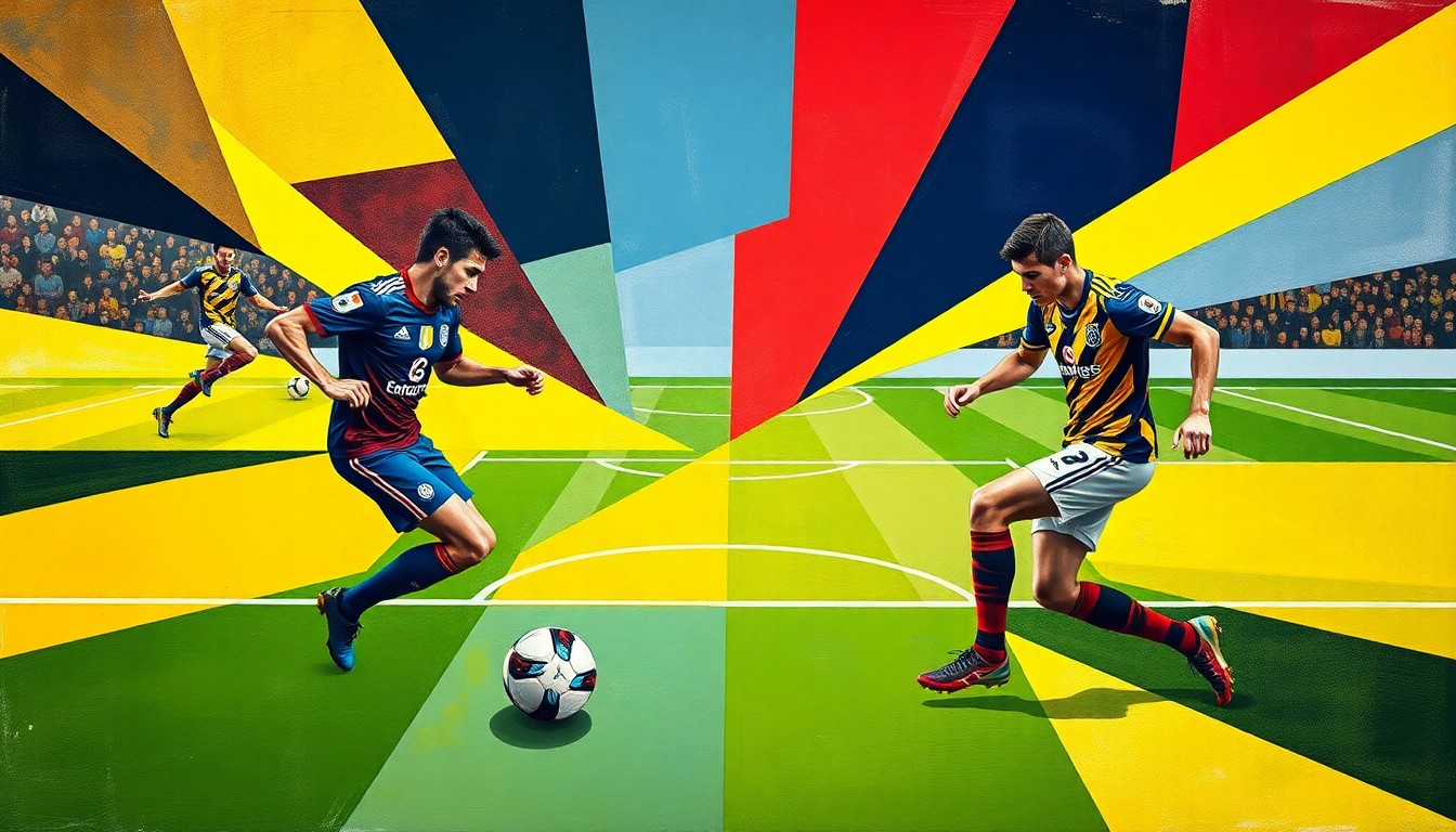 A cubist, geometric painting depicting an abstracted soccer match between the New England Revolution and Columbus Crew, with the players' forms broken down into angular, overlapping shapes in shades of blue, red, yellow, and black.