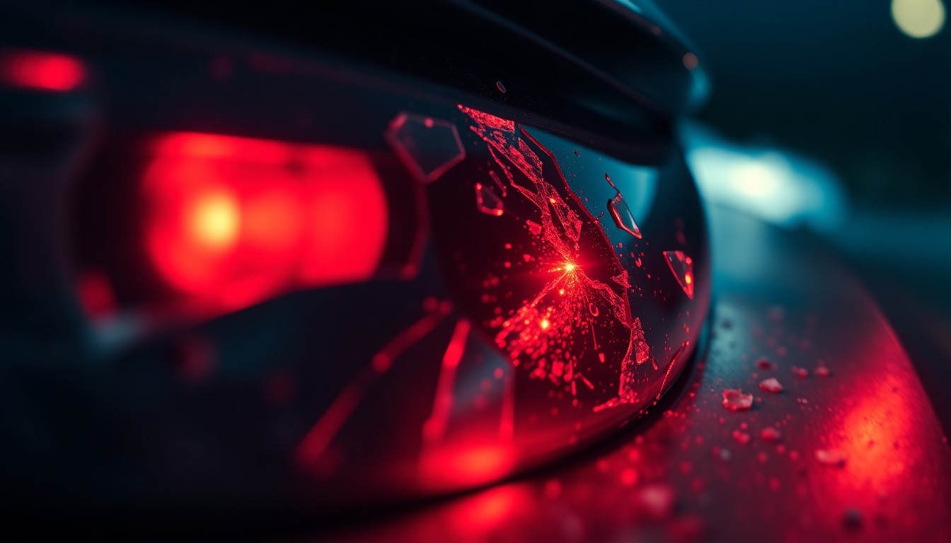 An extreme close-up of a shattered car sensor lens reflecting a faint red light, conceptually illustrating the aftermath of a fatal hit-and-run crash.