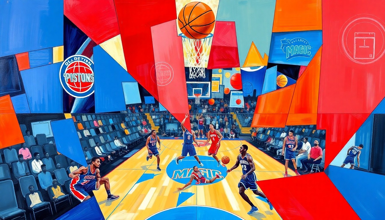 A cubist, geometric painting depicting an abstract basketball game, with overlapping planes of blue, red, and white shapes representing the players and action on the court.
