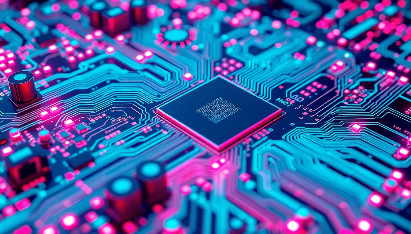 A visually striking, highly detailed 3D illustration of a complex circuit board glowing with neon cyan and magenta lights, representing the physical hardware powering the next generation of edge AI computing.