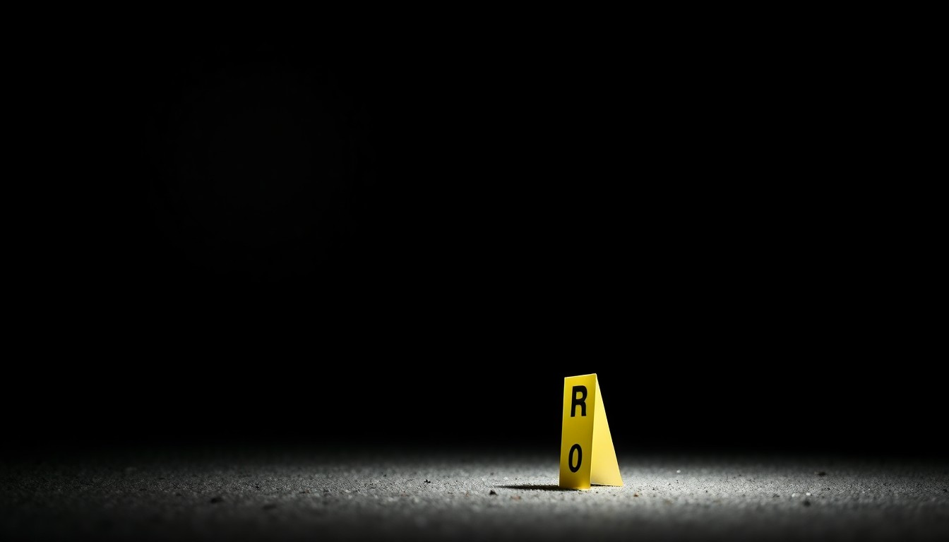 An extreme close-up photograph of a single police evidence marker on the ground, capturing the dramatic lighting and stark, gritty aesthetic to conceptually represent the investigation into an officer-involved shooting incident.