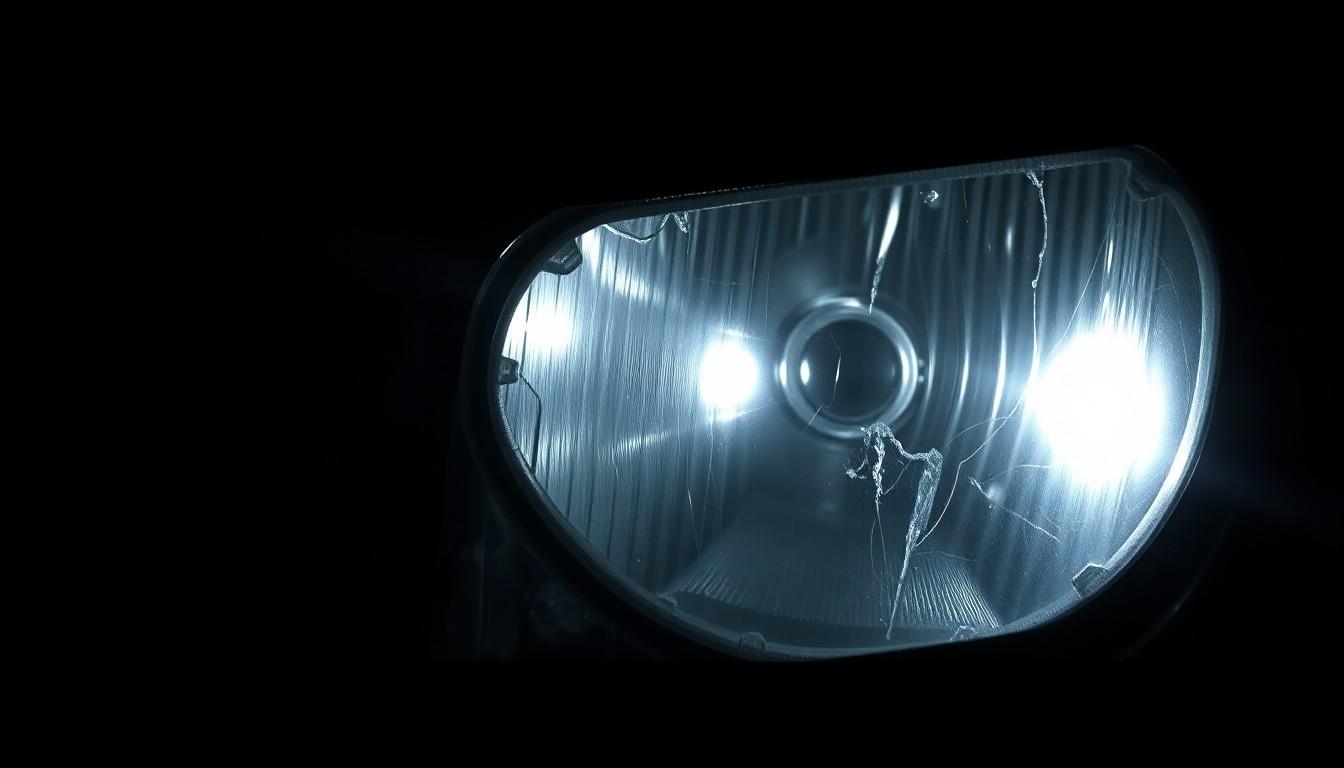 An extreme close-up photograph of a damaged vehicle headlight lens, reflecting a faint glow against a pitch-black background, conceptually illustrating the aftermath of a pedestrian collision.