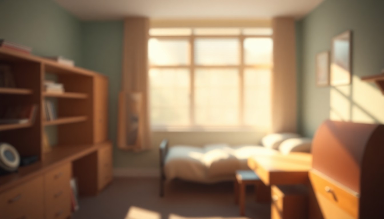 An abstract, out-of-focus photograph depicting the soft, warm lighting and blurred shapes of an empty college dorm room, conveying a sense of melancholy and loss.