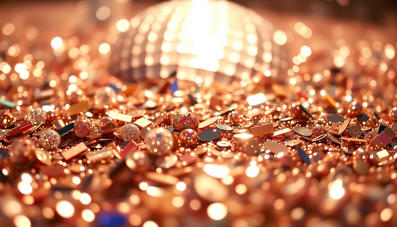 An abstract close-up image featuring a dazzling array of glittering sequins and shattered disco ball shards, capturing the high-energy, glamorous aesthetic of Kacey Musgraves' Coachella performance.