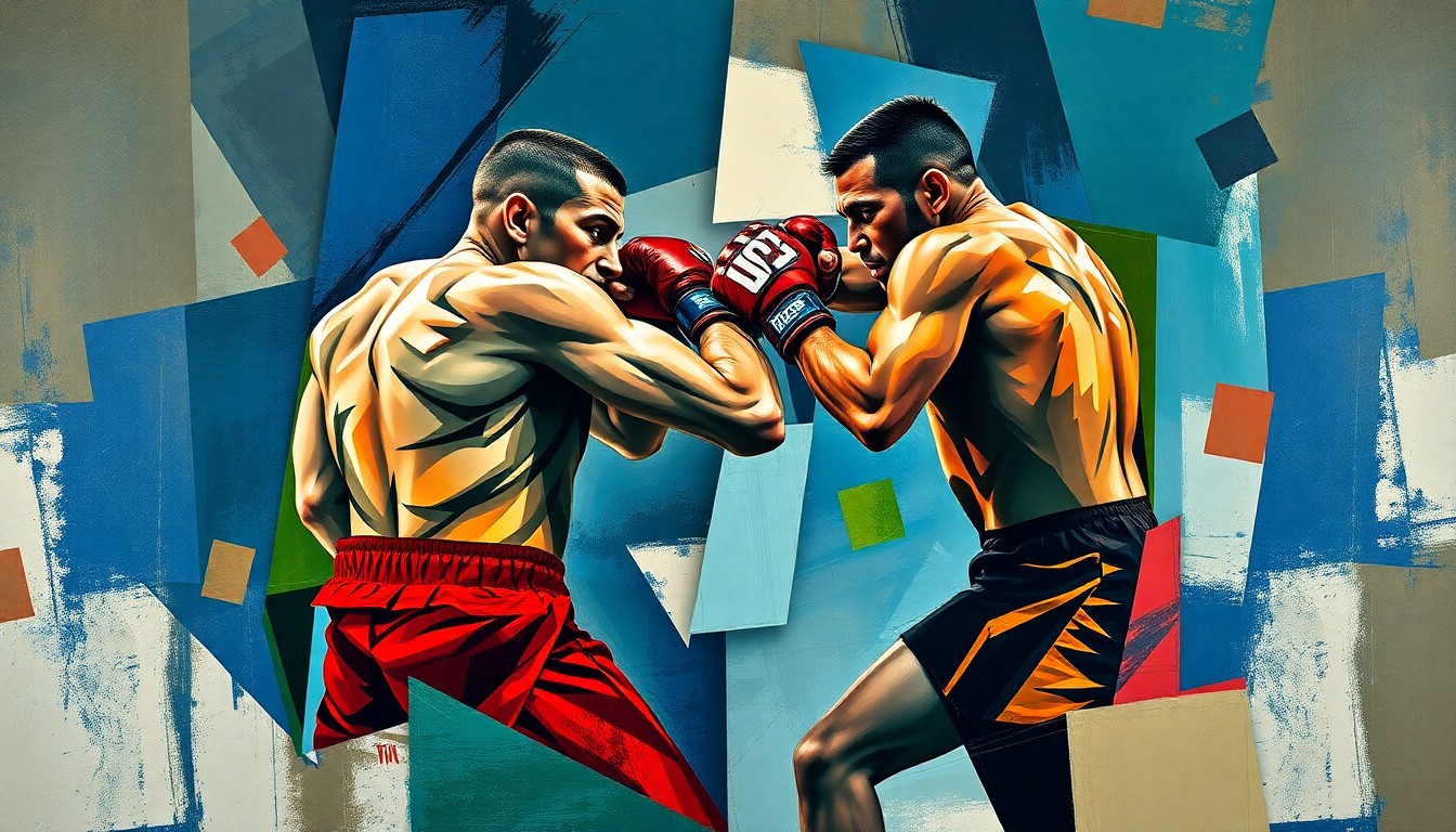 A fragmented, cubist-style painting depicting an MMA fight, with the combatants broken down into sharp, overlapping geometric shapes in a palette of deep blues, earthy greens, and bold reds, conceptually representing the raw energy and intensity of the sport.