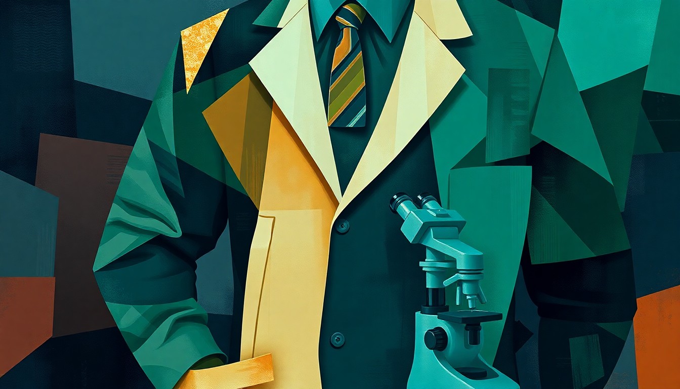 A fragmented, abstract painting depicting scientific equipment like a lab coat, beaker, and microscope in overlapping geometric shapes and waves of dark blue, green, and orange, conveying a sense of mystery and unease around the unexplained incidents.
