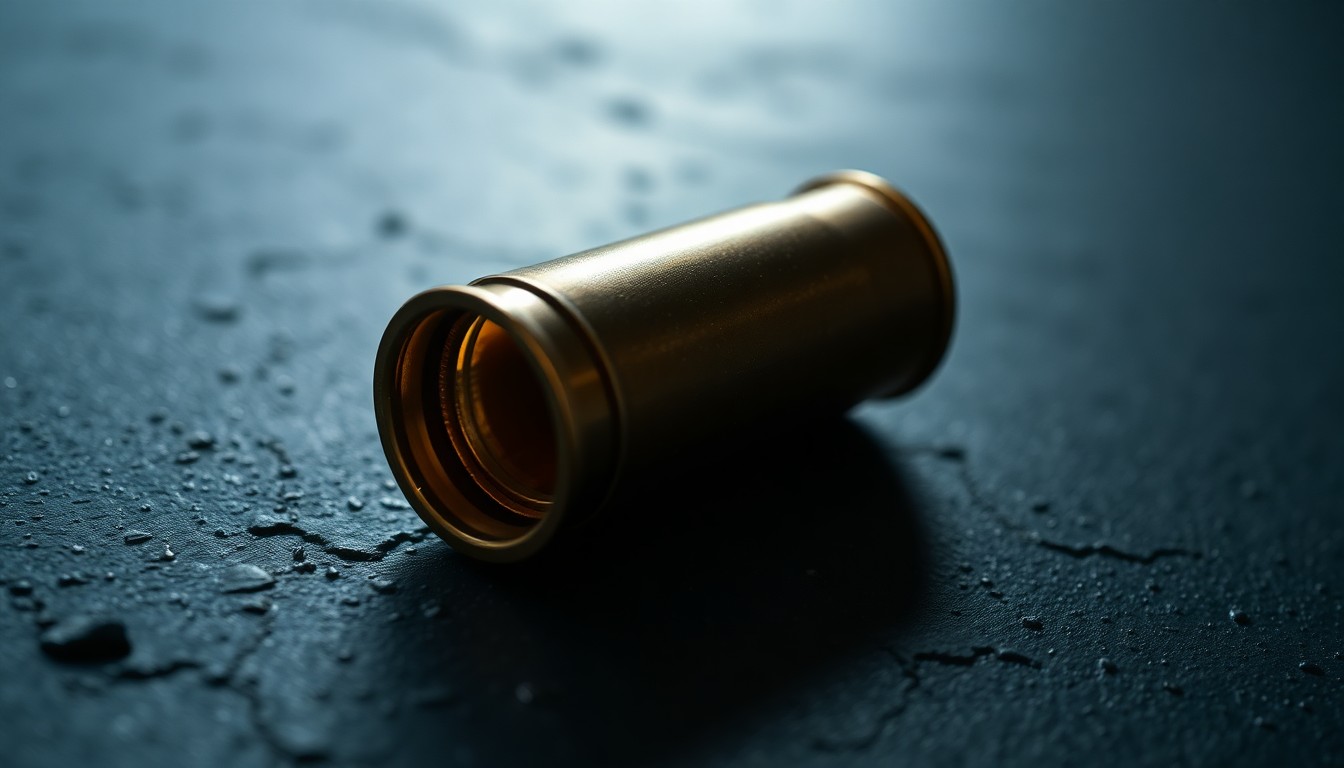 An extreme close-up photograph of a single spent shell casing on a dark, textured surface, lit by a harsh, direct camera flash, conceptually illustrating the aftermath of a shooting incident.