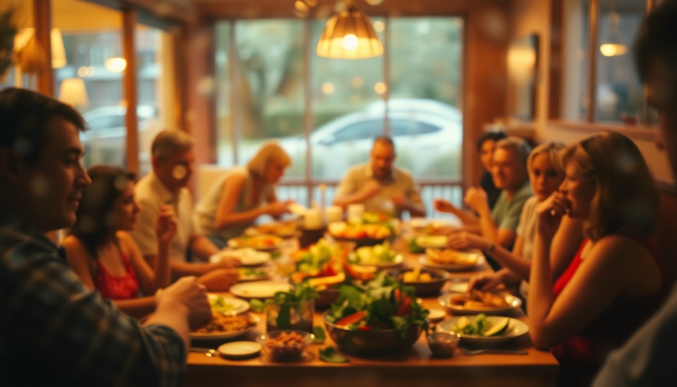 An abstract, out-of-focus scene of people gathered around a table, sharing a meal in a warm, blurred setting, conceptually representing the community spirit and interfaith cooperation of the Altadena Interfaith Coalition's Earth Week Potluck.