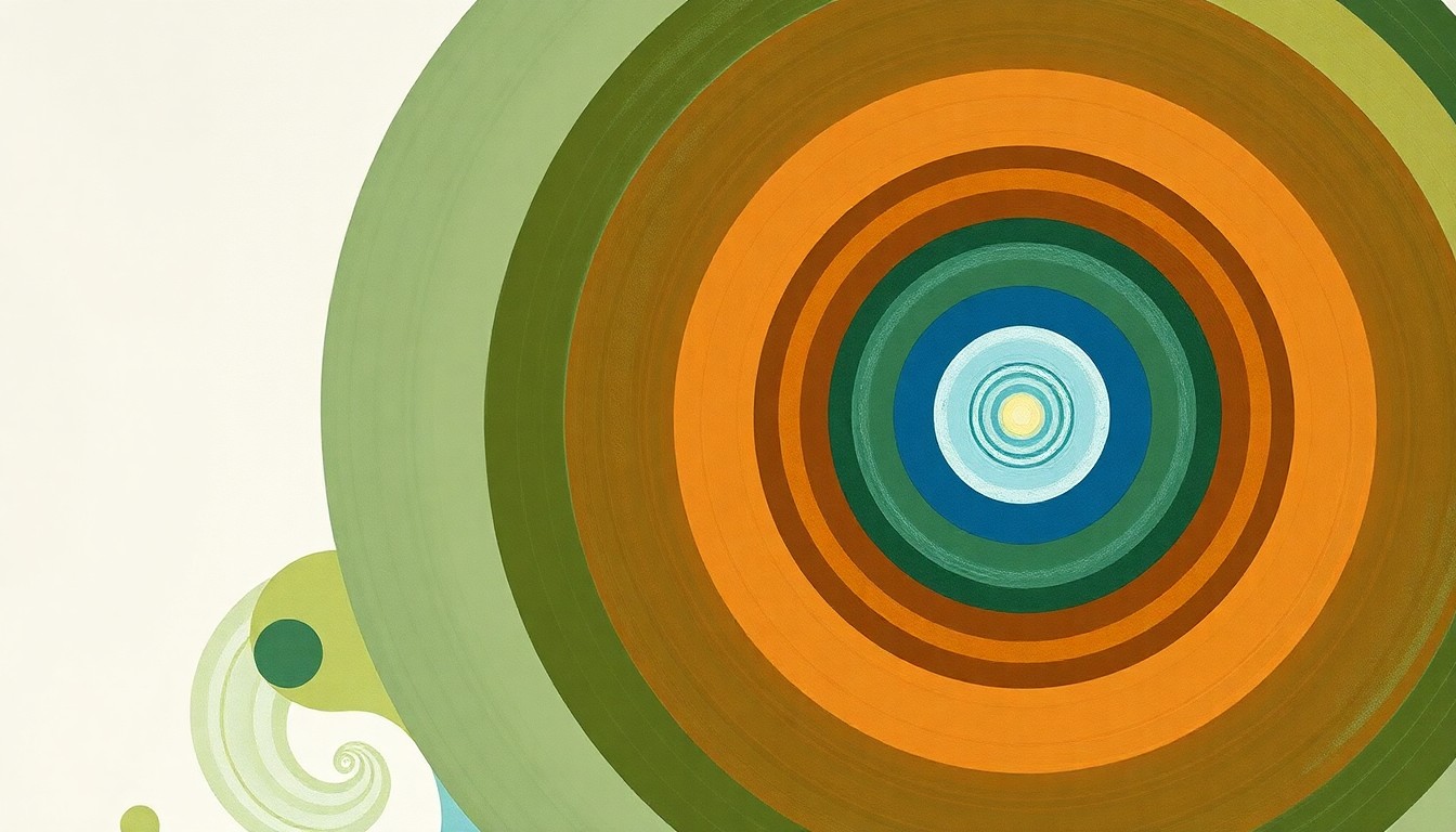 A highly structured abstract painting featuring sweeping geometric arcs, concentric circular patterns, and precise botanical spirals in soft, earthy tones of green, brown, and blue against a clean white background, conceptually representing the complex interplay of nitrogen, soil, and water.