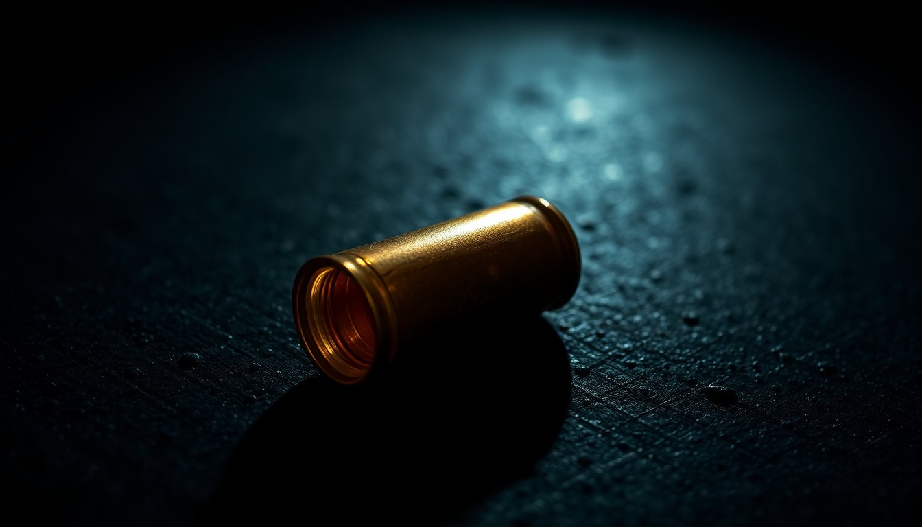 An extreme close-up of a spent bullet casing on a dark, textured surface, reflecting the harsh light of a camera flash, conceptually illustrating the aftermath of a shooting incident.