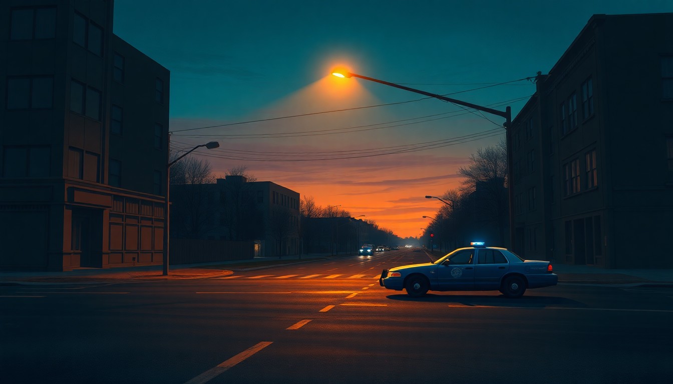 A serene, cinematic painting of a deserted city street intersection at dusk, with a single police car parked under a streetlight casting long shadows across the pavement. The scene is bathed in warm, golden light and deep shadows, conveying a sense of solitude and contemplation.